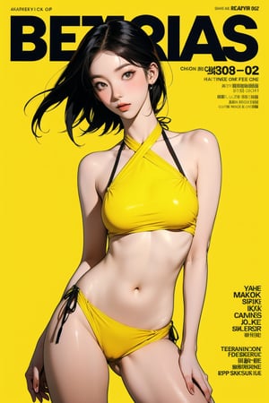 1girl, thigh up body, detailed clothes, bikini model, looking at viewer, sharp focus, magazine cover, yellow background, ((outline,)) chimai, aespakarina