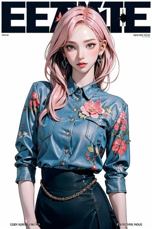 1girl, hip up body, standing, detailed beautiful face, pink hair, detailed clothes, shirt, skirt, earrings, looking at viewer, magazine cover, 2D artstyle, aespakarina, Art Deco