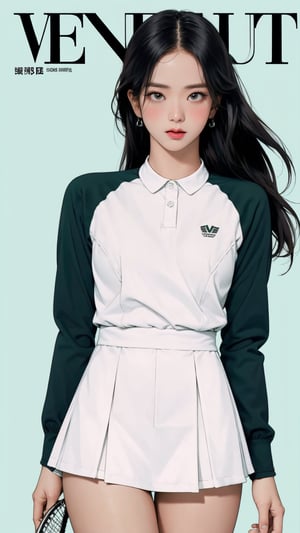 1girl, standing, thigh up body, ((looking at viewer, tennis girl outfit,)) 2D artstyle, magazine cover, outline, earings, blush, green background, hairstyle, ultra detailed, best quality, sharp focus,rosé,jisoo