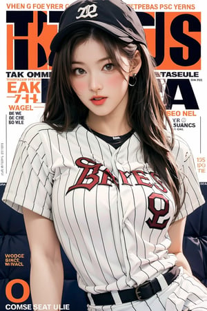 1girl, thigh up body, ((baseball girl outfit,)) long hair, looking at viewer, detailed clothes, earrings, sanatw, magazine cover, dynamic angle,