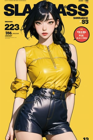 1girl, thigh up body, detailed clothes, kpop idol, short length hair, 2_braided_hair, blunt bangs, looking at viewer, sharp focus, magazine cover, yellow background, ((outline,)) chimai, aespakarina,sanatw