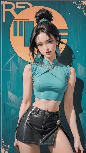 1girl, looking at viewer, thigh up body, sexy and elegant, cyan background, hairstyle, dynamic composition, styled clothes, cutout clothing, ((sleeveless croptop, miniskirt,)) ultra detailed, best quality, sharp focus, aespakarina, magazine cover, outline, 2D art, chimai,htt,sim,huondey,kn