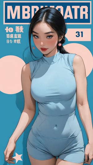 1girl, ((thigh up body, standing,)) magazine cover, outline, 2.5D artstyle, gym girl outfit, hairband, looking at viewer, earings, blush, cyan background, hairstyle, detailed clothes, sleeveless, ultra detailed, best quality, sharp focus, chimai,