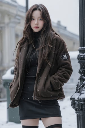 1girl, thigh up body, miniskirt, stocking, jacket, hairstyle, on paris street corner, winter, snowing, snow on hair, snow on clothes, looking at viewer, ultra detailed, beautiful face, natural lighting, 2D artstyle, best quality, masterpiece, aespakarina, straight camera angle, noise effect, blurring effect,