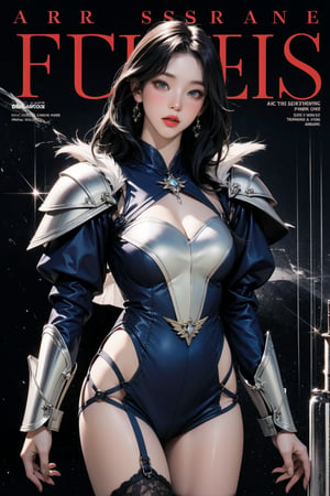 ((arc sorceress, )) thigh up body, standing, 1girl, looking at viewer, intricate clothes, professional lighting, different hairstyle, coloful outfit, magazine cover, armor, aespakarina, 