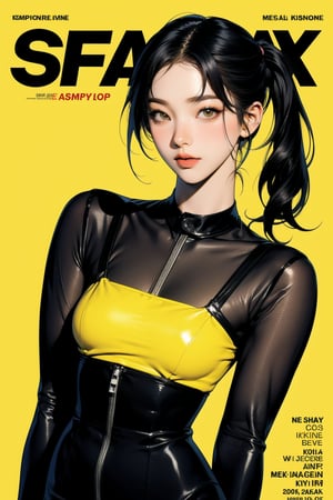 1girl, thigh up body, detailed clothes, kpop idol, medium hair, pony tails, looking at viewer, sharp focus, magazine cover, yellow background, ((outline,)) chimai, aespakarina,sanatw