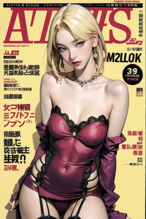 1girl, ((blonde hair,)) stockings, bracelets, thigh up body, looking at viewer, hairstyle, dyed hair, aespakarina, earrings, intricate background, chimai,magazine cover,aespakarina