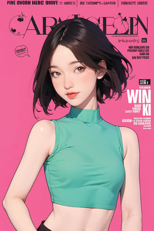 1girl, looking at viewer, styled clothes, turtle neck croptop, sleeveless, hairstyle, sharp focus, magazine cover, coloful background, 2D artstyle, outline, 

chimai,hine,hakil