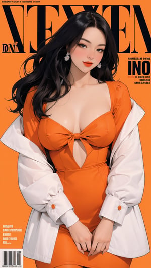 1girl, looking at viewer, thigh up body, stocking, earings, elegant, allure emotion, nsfw, orange background, hairstyle, styled clothes, cutout clothes, dynamic composition, ultra detailed, best quality, sharp focus, magazine cover, outline, 2D artstyle,aespakarina,htt,sim