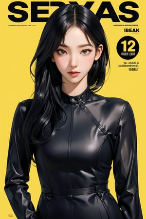 1girl, full body, detailed clothes, detailed face, kpop idol outfit, styled, medium hair, tied hair, looking at viewer, sharp focus, magazine cover, yellow background, ((outline,)) chimai, aespakarina,sanatw