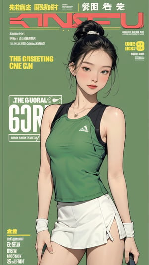 1girl, standing, thigh up body, ((looking at viewer, tennis girl outfit, center opening,)) 2D artstyle, magazine cover, outline, earings, blush, green background, hairstyle, ultra detailed, best quality, sharp focus, ,DiaSondef,sophiesw,Mia ,Anna ,mthanhh