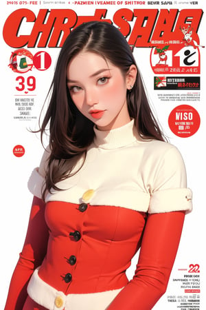 1girl, ((santa girl,)) reindeer horn, furtrim, detailed clothes, looking at viewer, magazine cover, colorful background, outline, 2D artstyle, chimai, hakil