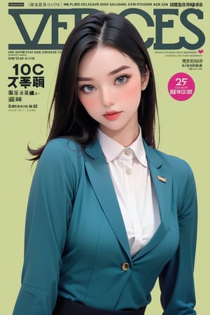 1girl, ((flight attendant outfit,)) looking at viewer, sharp focus, magazine cover, green background, chimai,