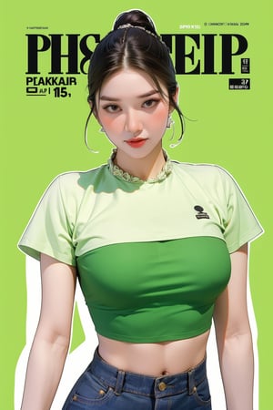 1girl, thigh up body, detailed clothes, kpop idol, hairstyle, croptop, trouser, looking at viewer, sharp focus, magazine cover, green background, ((outline,)) chimai, aespakarina,sanatw