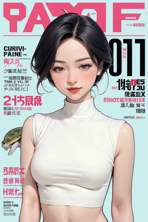 1girl, looking at viewer, styled clothes, turtle neck croptop, sleeveless, hairstyle, sharp focus, magazine cover, coloful background, 2D artstyle, outline, 

chimai,hine,hakil,yuong01,johyun