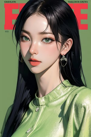 2D, 1girl, detailed clothes, earrings, looking at viewer, magazine cover, green background, aespakarina,