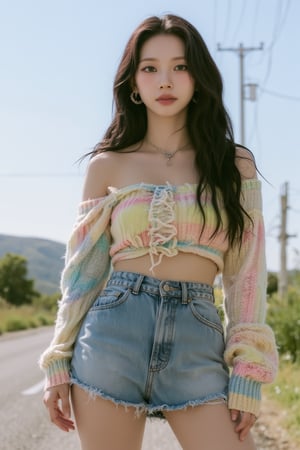 1girl, thigh up body, kpop idol, singer, croptop, miniskirt, standing, on street, detailed clothes, looking at viewer, ultra detailed, beautiful face, natural lighting, magazine cover, 2.5D artstyle, best quality, masterpiece, aespakarina, straight camera angle,