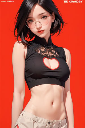 allure, lustful, 1girl, thigh up body, looking at viewer, translucent, intricate clothes, cutout clothes, ((sleeveless, navel cutout, )), cinematic lighting, hairstyle, magazine cover, red background, hakil, eyeglasses,