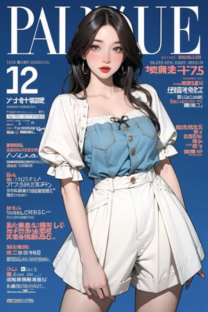 allure 1girl, blush, thigh up body, styled outfit, ((looking at viewer,)) earrings, magazine cover, blue background, hine, hakil, kmiu