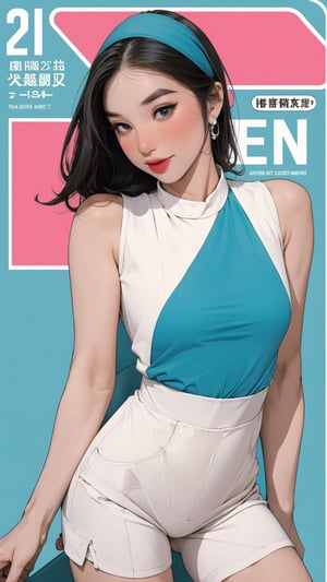 1girl, ((thigh up body, standing,)) magazine cover, outline, 2.5D artstyle, sport girl outfit, hairband, looking at viewer, earings, blush, cyan background, hairstyle, detailed clothes, sleeveless, ultra detailed, best quality, sharp focus, chimai,