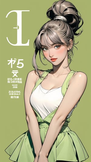 1girl, standing, thigh up body, ((looking at viewer, tennis girl outfit, center opening,)) 2D artstyle, magazine cover, outline, earings, blush, green background, hairstyle, ultra detailed, best quality, sharp focus, ,DiaSondef,sophiesw,Mia ,Anna ,mthanhh,minatw,momo