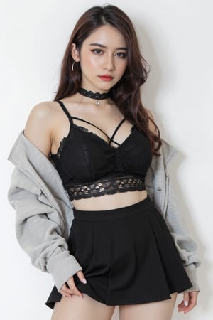 portrait, 1girl, thigh up, light make up, styled shirt, skirt, piercing, looking at viewer, make up, choker, hairstyled, white background, highres, accurate color reproduction, sharp focus, 
aespakarina, chimai,Enhanced all,charcoal \(medium\),yuongg,hine,hakil