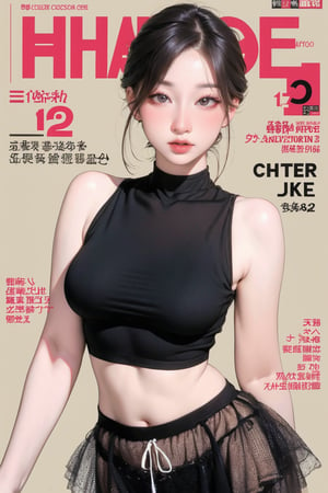 1girl, thigh up body, looking at viewer, styled clothes, turtle neck croptop, sleeveless, sharp focus, magazine cover, coloful background, 2D artstyle, outline, 

chimai,hine,hakil,yuong01,johyun,sim,haohaoulz,kn,htt