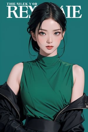 1girl, hip up, looking at viewer, detailed clothes, turtle neck shirt, sleeveless, accurate color reproduction, best quality, professionally color graded, artwork, blurring effect, professional lighting, sanatw, magazine cover, green background, jisoo