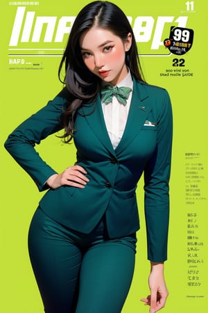 1girl, ((flight attendant outfit,)) thigh up body, detailed clothes, looking at viewer, sharp focus, magazine cover, green background, chimai,