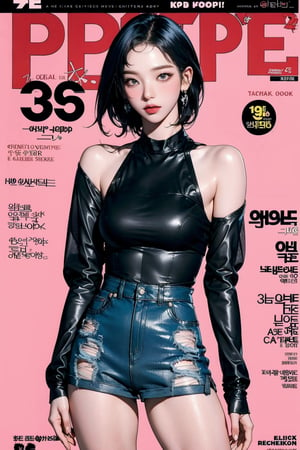 1girl, ((kpopgirl outfit, thigh up body,)) different color hair, detailed clothes, see-through, earrings, looking at viewer, aespakarina, magazine cover,