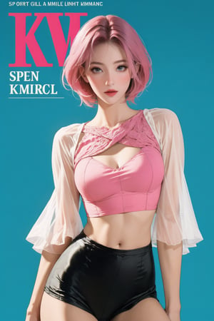 lustful, allure, sexy, ((sport_girl outfit)), 1girl, pink hair, thigh up body, looking at viewer, translucent, intricate clothes, cutout clothes, cinematic lighting, different hairstyle, magazine cover, green background,  kmiu