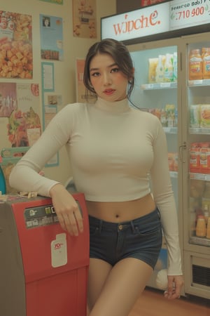 1girl, looking at viewer, hip up, croptop turtleneck, shorts, detailed clothes, ultra detailed, profesional lighting, magazine cover, convenience store, soda cabinet, 7elenven, photorealistic, 

aespakarina, chimai