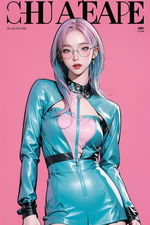 allure, 1girl, thigh up body, eyewear, detailed clothes, cutout, kpop idol outfit, styled, pink purple hair, red lips, looking at viewer, sharp focus, magazine cover, cyan blue background, ((outline,)) chimai, aespakarina,sanatw