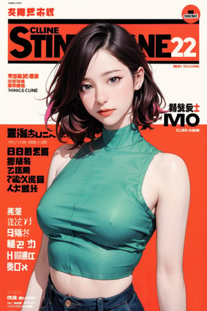 1girl, looking at viewer, styled clothes, turtle neck croptop, sleeveless, hairstyle, sharp focus, magazine cover, coloful background, 2D artstyle, outline, chimai,hine