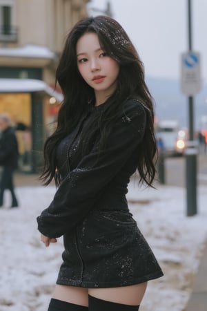 1girl, thigh up body, miniskirt, stocking, jacket, hairstyle, on paris street corner, winter, snowing, snow on hair, snow on clothes, looking at viewer, ultra detailed, beautiful face, natural lighting, 2D artstyle, best quality, masterpiece, aespakarina, straight camera angle, noise effect, blurring effect,