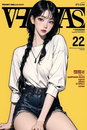 1girl, thigh up body, detailed clothes, kpop idol, short length hair, 2_braided_hair, blunt bangs, looking at viewer, sharp focus, magazine cover, yellow background, ((outline,)) chimai, aespakarina,sanatw