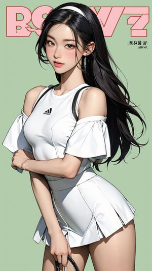 1girl, standing, thigh up body, hairband, ((looking at viewer, tennis girl outfit,)) 2D artstyle, magazine cover, outline, earings, blush, green background, hairstyle, ultra detailed, best quality, sharp focus, kmiu,sim,haohaoulz,aespawinter,huondey,seolhuyn