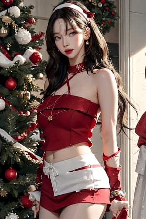 1girl, masterpiece, high detailed, realistic, digital art, beautiful girl, christmas, christmas girl costume, thighs up body, cropped clothes, skirt, red and white theme, aespakarina, aespakarina, 1girl, detailed beautiful face, detailed beautiful eyes, sharp focus, hair band, 