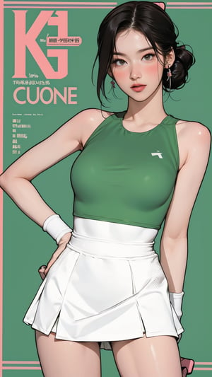 1girl, standing, thigh up body, ((looking at viewer, tennis girl outfit, center opening,)) 2D artstyle, magazine cover, outline, earings, blush, green background, hairstyle, ultra detailed, best quality, sharp focus, ,DiaSondef,sophiesw,Mia ,Anna ,mthanhh,minatw,momo,sanatw