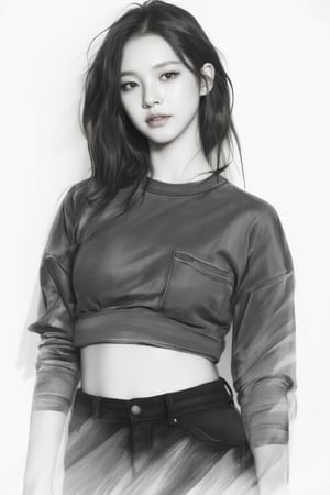 black and white charcoal portrait art, 1girl, styled croptop shirt, hairstyle, simple background, highres, accurate color reproduction, best quality, professionally color graded, sharp focus, aespakarina, chimai,charcoal \(medium\)