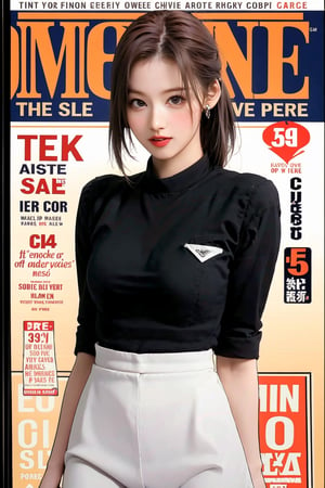 1girl, thigh up body, maid outfit, looking at viewer, detailed clothes, earrings, sanatw, magazine cover, 