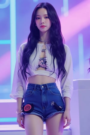 1girl, thigh up body, kpop idol, styled shirt, shorts, dark purple straight hair, on stage, detailed clothes, looking at viewer, ultra detailed, beautiful face, natural lighting, magazine cover, 2.5D artstyle, best quality, masterpiece, aespakarina, straight camera angle, white lighting, noise picture,