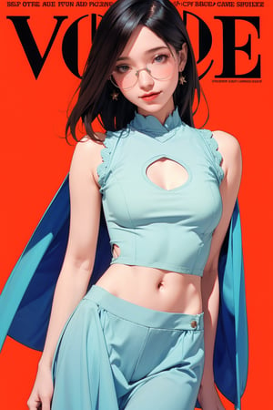 allure, lustful, 1girl, thigh up body, looking at viewer, translucent, intricate clothes, cutout clothes, ((blue white clothes, sleeveless, skirt, navel cutout, )), cinematic lighting, hairstyle, magazine cover, red background, hakil, eyeglasses,