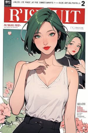 mature, lustful, allure, 1girl, green hair, red lips, eye_lens, detailed and styled clothes, medium breasts, skirt, looking at viewer, best quality, masterpiece, sharp focus, hakil, magazine cover, ((outline, 2D manga artstyle,))