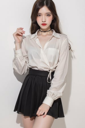 portrait, 1girl, thigh up, light make up, styled shirt, skirt, piercing, looking at viewer, make up, choker, hairstyled, white background, highres, accurate color reproduction, sharp focus, 
aespakarina, chimai,Enhanced all,charcoal \(medium\),yuongg,hine,hakil