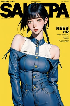 1girl, thigh up body, detailed clothes, kpop idol, short length hair, 2_braided_hair, blunt bangs, looking at viewer, sharp focus, magazine cover, yellow background, ((outline,)) chimai, aespakarina,sanatw