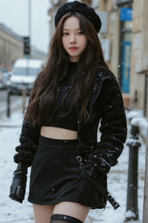 1girl, thigh up body, miniskirt, stocking, jacket, hairstyle, on paris street corner, winter, snow floating, snow on hair, snow on clothes, looking at viewer, ultra detailed, beautiful face, natural lighting, 2D artstyle, best quality, masterpiece, aespakarina, straight camera angle, noise effect, blurring effect,