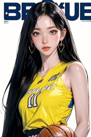 1girl, ((basketball girl outfit,)) hip up, detailed clothes, earrings, looking at viewer, aespakarina, magazine cover,