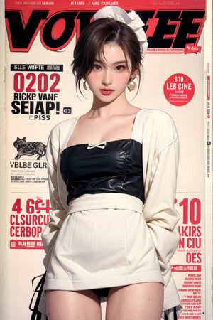 1girl, thigh up body, maid outfit, looking at viewer, detailed clothes, earrings, sanatw, magazine cover, 