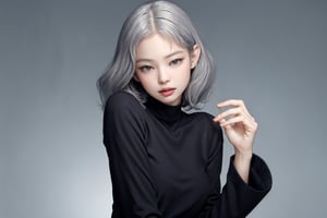 ((masterpiece, best quality, digital art, official art, artwork, hip up body,)) monochrome, different color hair, 1girl, looking at viewer, professional lighting, high quality, ultra detailed, simple background, htt,jennie